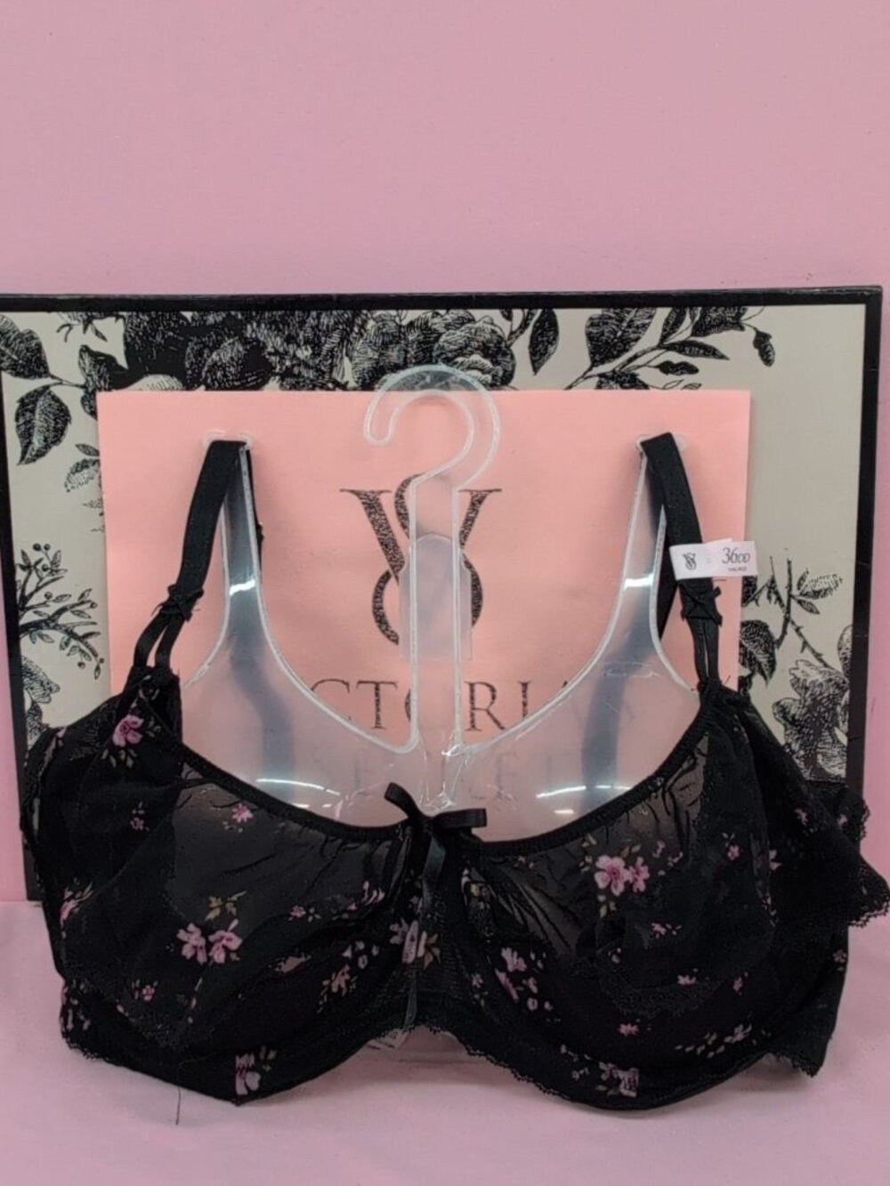 Victoria Secret Wicked Unlined Sheer Flutter Peekaboo Balconette Bra 36DD Black